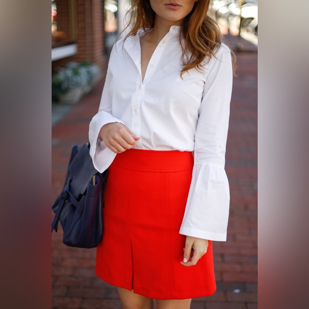 LOFT Poppy Red Orange A-Line Front Pleat Retro Office Career Textured Skirt 10 - Picture 2 of 9